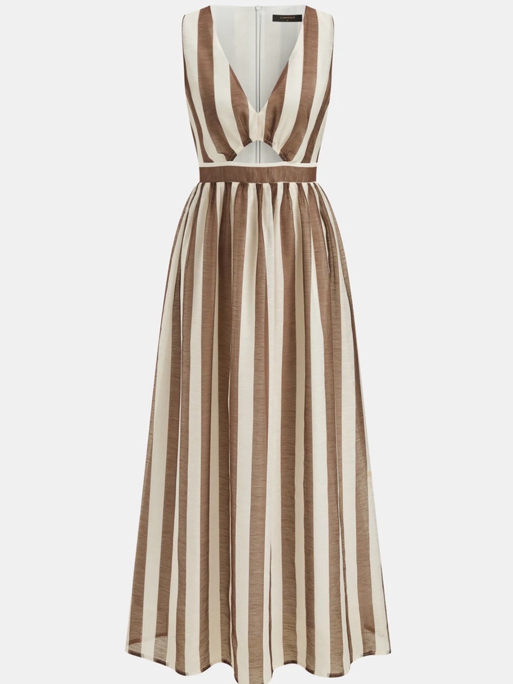 CO Brown and Cream Vertical-Stripe V‑Neck Maxi Dress